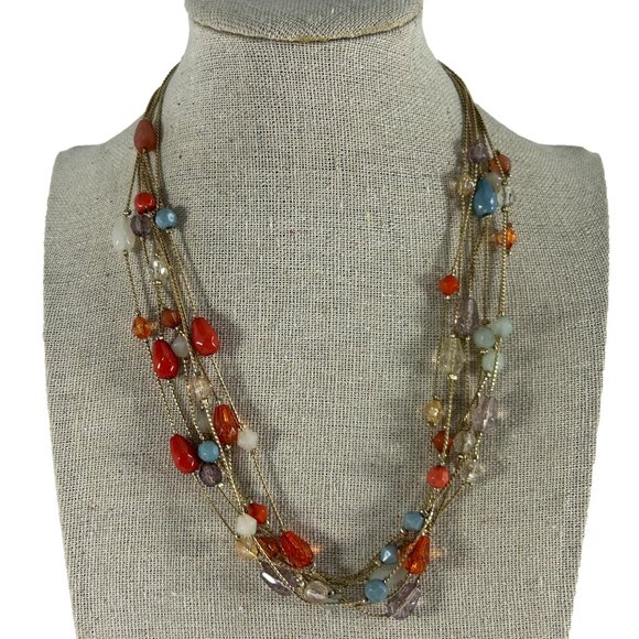 Multi Strand Beaded Necklace Gold Tone Blue Orange Boho Multi Color 15-17" Long - Picture 1 of 8